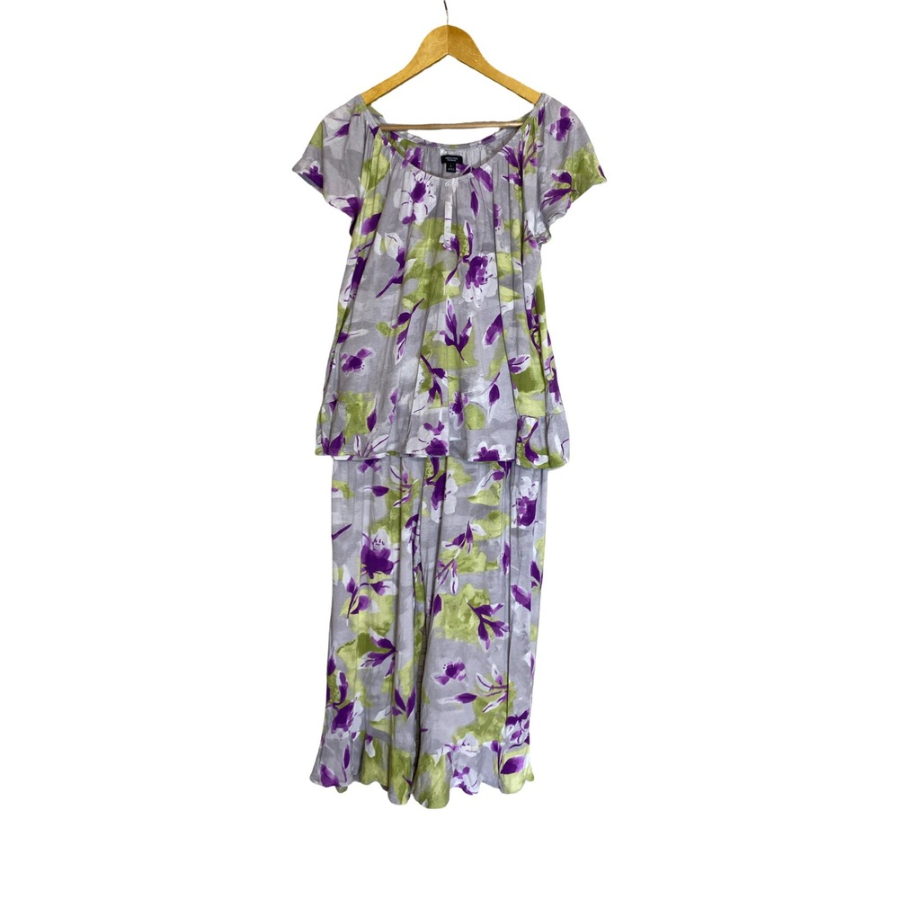 Simply Vera Vera Wang Pajama Set Large Purple Green Floral Ruffle Top Crop Pants - Picture 5 of 10